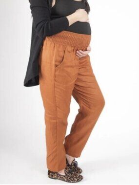 Emme Everyday Transitional Smocked Linen Pant Maternity Pregnancy Orange Medium